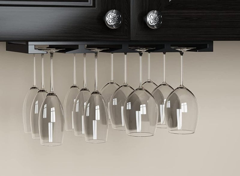Rustic State Eze 4 Sectional Wood Under Cabinet Wine Glass Holder Rack Hanging Shelf Stemware Bar Organizer - 12 Wine Glass Storage - 10 Inch Deep - Black - Image 3